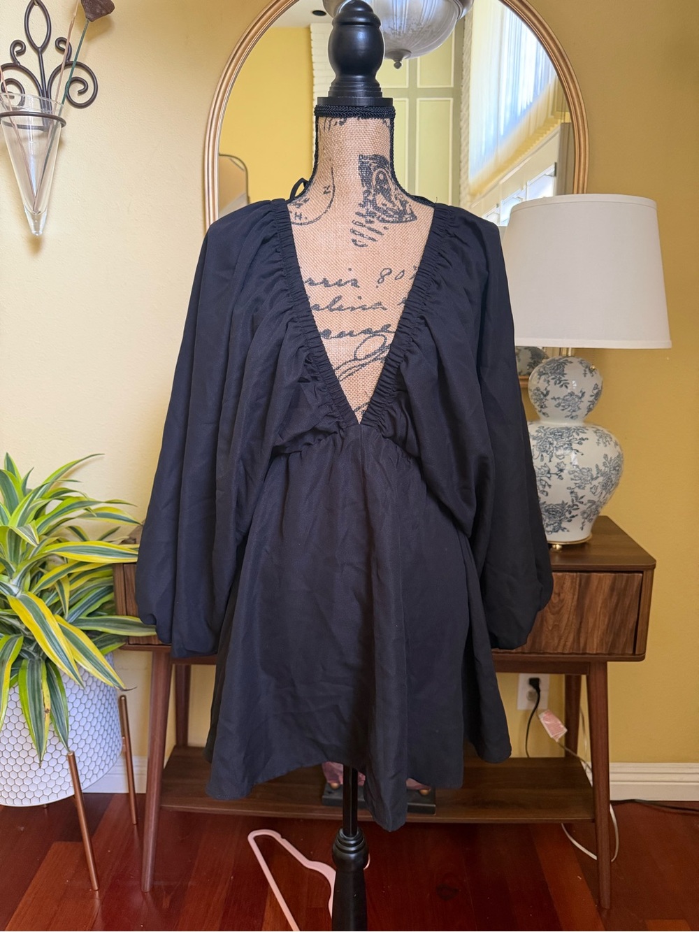 SHEIN Black Deep V-Neck Long Sleeve Mini Dress or Tunic